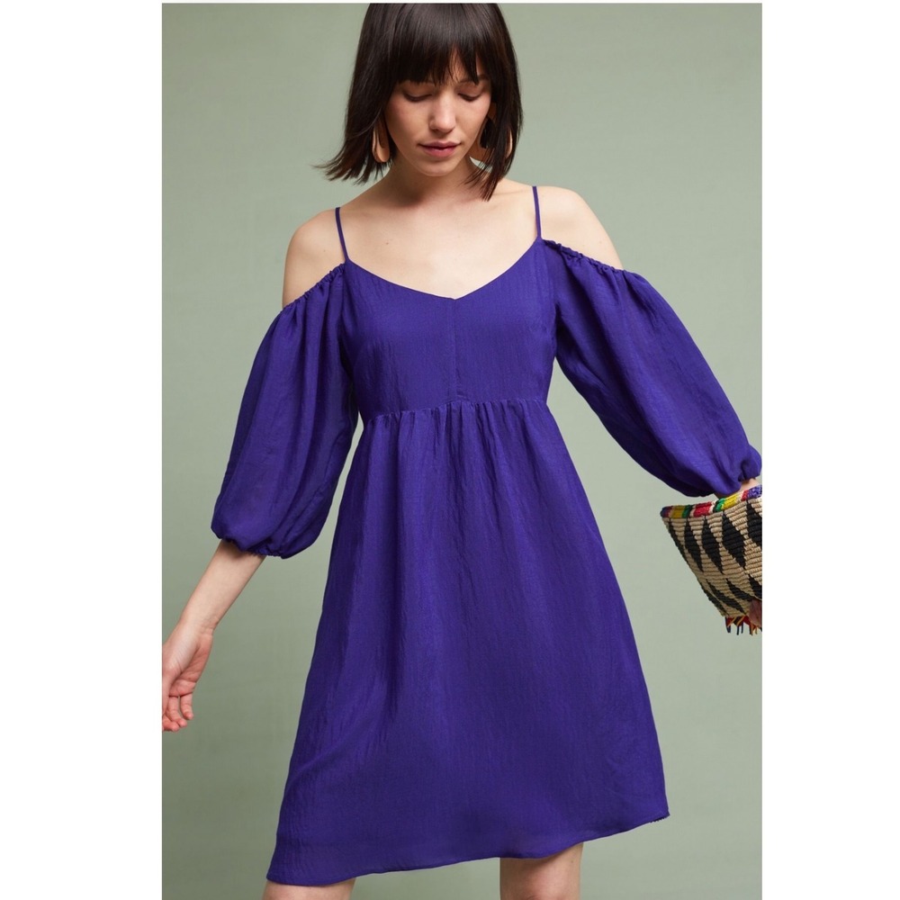 Moulinette Soeurs Anthropologie Purple Cold Shoulder Puff Sleeve Dress M